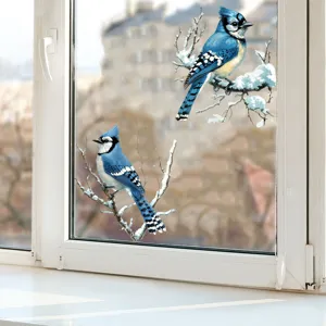 Realistic blue jay bird decals on snow-covered branches for home window decoration