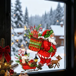 Detailed view of a festive Santa and reindeer static Christmas window sticker decal.