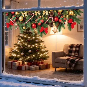 Autocollant de fenêtre guirlande de Noël avec nœuds rouges et ornements de sapin
