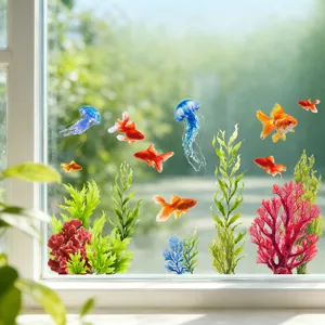 Detailed view of colorful marine life window stickers on transparent glass