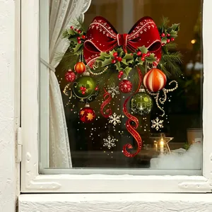 Festive Christmas bow and ball ornaments static cling window sticker applied to glass