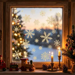 Primo piano di fiocchi di neve dorati glitterati su una finestra a Natale.