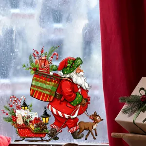 Detailed view of a festive Santa Claus static window sticker on a glass pane.