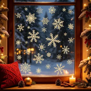 Vista dettagliata di fiocchi di neve dorati elettrostatici su un vetro per Natale.