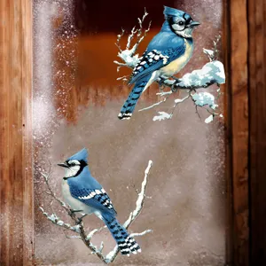 Detailed realistic Blue Jay bird stickers on snowy branches for winter window decoration.
