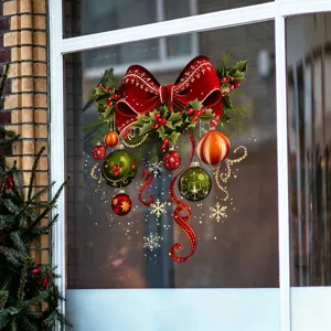 Detailed view of festive Christmas bow and ornament static window cling on glass door