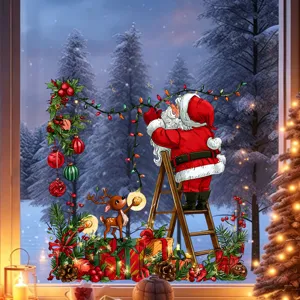 Festive Santa and reindeer static window sticker displayed on a glass pane with snowy view.