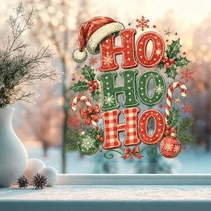 Detailed view of a festive 'HO HO HO' Christmas window sticker with Santa hat and holly.