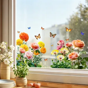Vibrant floral and butterfly static cling window stickers displayed on clear glass pane