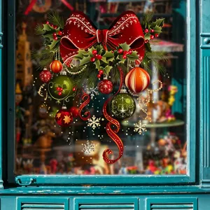 Detailed view of festive Christmas bow and ornaments static window stickers on glass