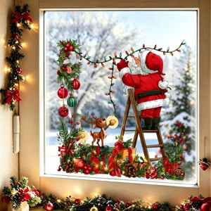 Festive Santa Claus and reindeer static window stickers for Christmas home decor.