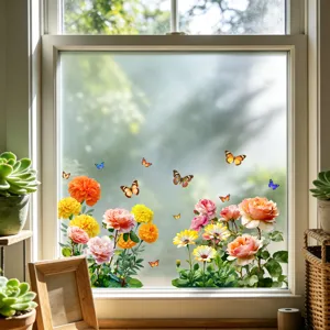 Vibrant static window stickers featuring colorful flowers and butterflies on a glass pane