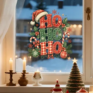 Festive Christmas window cling sticker featuring 'HO HO HO' and Santa hat design details