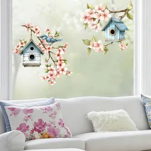 Watercolor cherry blossom and blue birdhouse window stickers for home decor