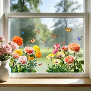 Detail of vibrant floral and butterfly static window stickers on a clear glass pane