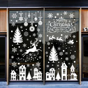 Weiße festliche Weihnachtsfenster-Aufkleber mit Rentieren, Bäumen und Häusern-Motiv