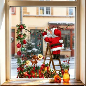 Festive Santa Claus and reindeer static window sticker for holiday home decoration