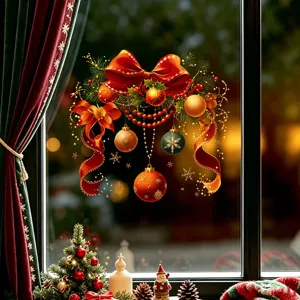 Detailed view of festive Christmas bow and baubles window static cling sticker