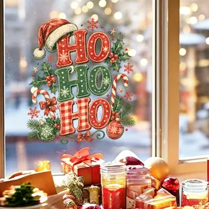 Detail of festive Christmas HO HO HO window sticker with Santa hat and ornaments.