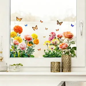 Vibrant floral and butterfly static window stickers applied on a glass surface.