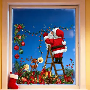 Christmas window sticker detailing Santa on a ladder with festive reindeer and gifts