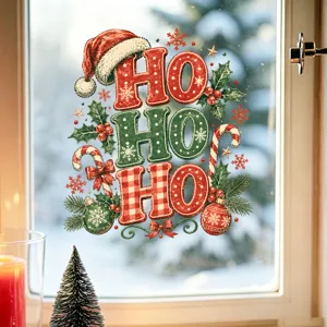 Close-up of Ho Ho Ho Christmas window sticker featuring festive Santa hat and snowflakes