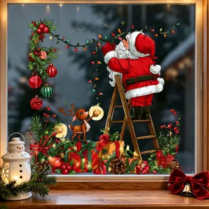 Detailed view of festive Santa Claus and reindeer static window stickers on a shop glass