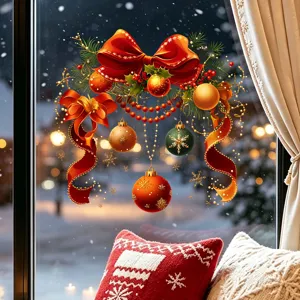 Festive Christmas window sticker with red bow and ornaments on a snowy window background