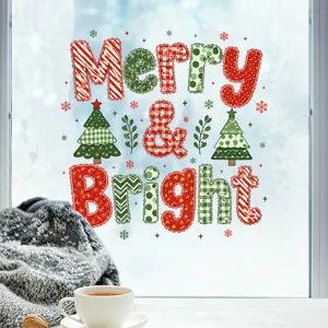 Detailed view of Merry & Bright Christmas static window decal in a cozy home scene