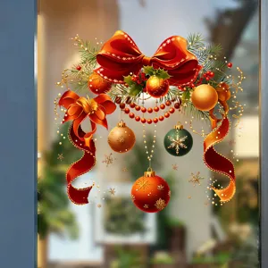 Elegant Christmas window sticker with red bows and colorful ornaments displayed on glass