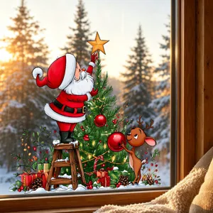 Festive Santa and reindeer Christmas window static sticker clings shown on glass