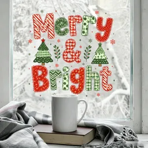 Festive 'Merry & Bright' static cling sticker displayed on a window for holiday decor