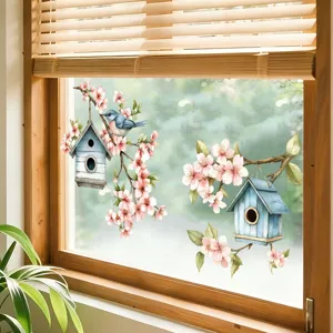 Decorative birdhouse and cherry blossom branch glass sticker for window display