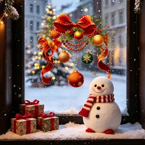 Close-up detail of festive Christmas bow and snowman static window clings on glass