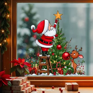 Festive Santa and reindeer window sticker applied to glass in a cozy Christmas scene