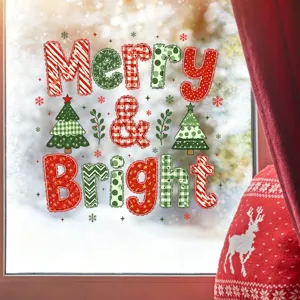 Festive Christmas static window stickers with Merry & Bright text and tree patterns