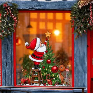 Detailed view of festive Santa Claus and reindeer electrostatic window stickers on glass