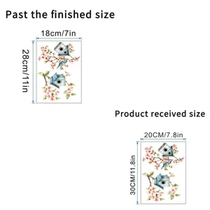 Size detail for cherry blossom and birdhouse wall stickers with metric and inch measurements