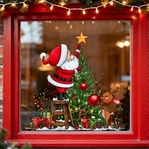 Vibrant Santa Claus and reindeer Christmas window static cling stickers for festive glass decor