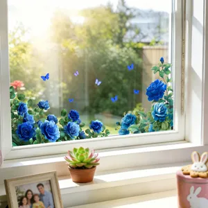 Vivid blue roses and butterflies electrostatic window stickers for home glass decoration