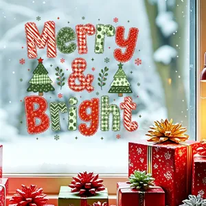 Festive Merry & Bright Christmas window decal with patchwork design and snowy background.