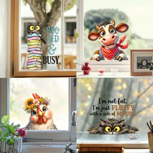 Cartoon Animal Window Cling Decals Cute Cat Cow Hen PVC Static Glass Stickers Waterproof Wall Art For Shop Home Decoration