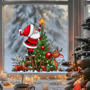Festive Santa and reindeer Christmas tree static window sticker for holiday decor.