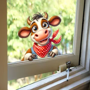 Detailed view of a cute cartoon cow window sticker on glass with vibrant green garden view