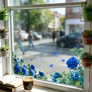 Elegant blue rose and butterfly static window stickers applied to a clear glass pane