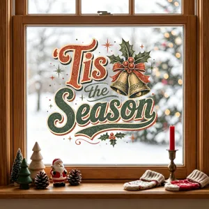 'Tis the Season' Christmas window decal with festive bell and holly design details.