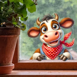 Close-up of a 3D cute cartoon cow window sticker with a red polka-dot scarf on glass.