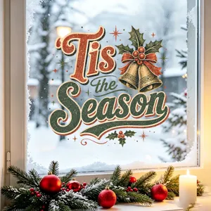 'Tis the Season" Christmas static window cling with festive bells and holly design.