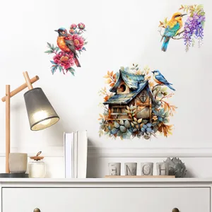 Watercolor Bird Birdhouse Wall Sticker Waterproof PVC Self Adhesive Floral Magpie Wall Decal For Living Room Bedroom Decor