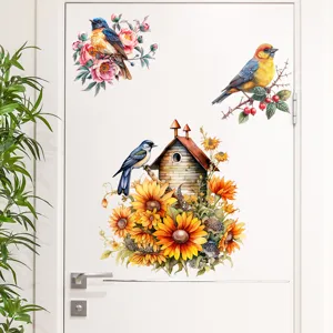 Adesivi Murali Impermeabili in PVC con Casetta per Uccelli Gazze Girasoli Fiori ad Acquerello Pastorale Decalcomanie Arte KSY-299